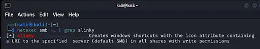 NetExec Slinky module help output showing basic usage and description