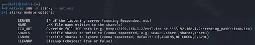 NetExec Slinky module options showing NAME, SERVER, and CLEANUP parameters