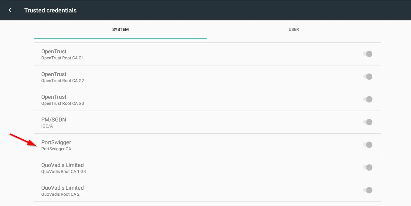 Android Trusted credentials System tab showing the PortSwigger CA certificate successfully added