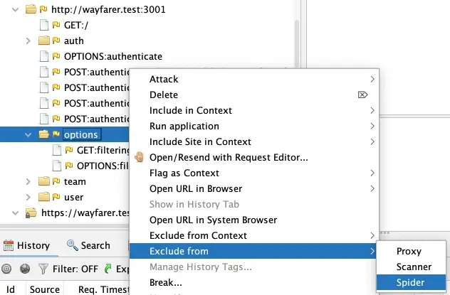 ZAP Sites pane with context menu open on target domain