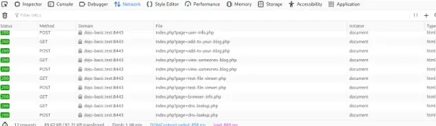Firefox Network tab with persisted request history