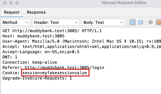 Request with session cookie replaced with invalid value