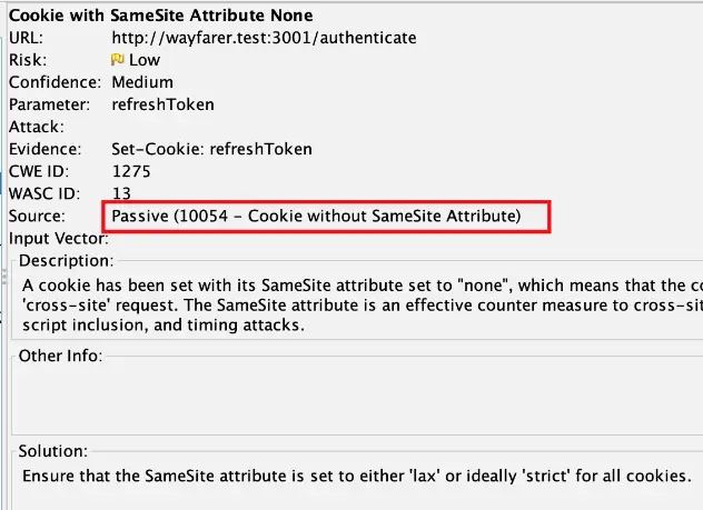 ZAP alert details showing risk, description, and solution