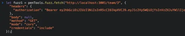 Console showing penTools.fuzz assignment with pasted fetch
