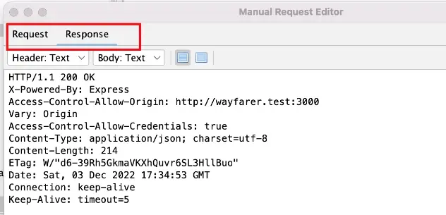ZAP Response tab showing result of replayed request