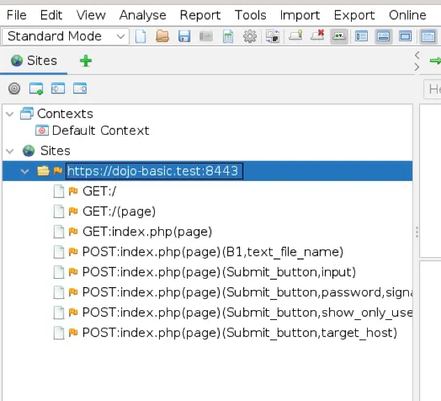 ZAP showing imported HAR data in Sites, History, and Alerts