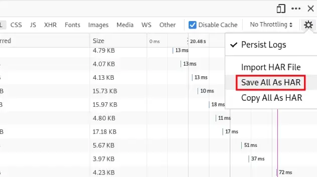 Firefox DevTools with Save All As HAR option
