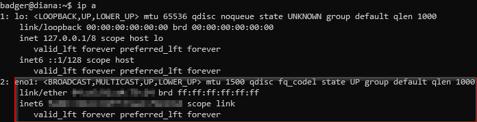 ip a output showing the eno1 interface configuration