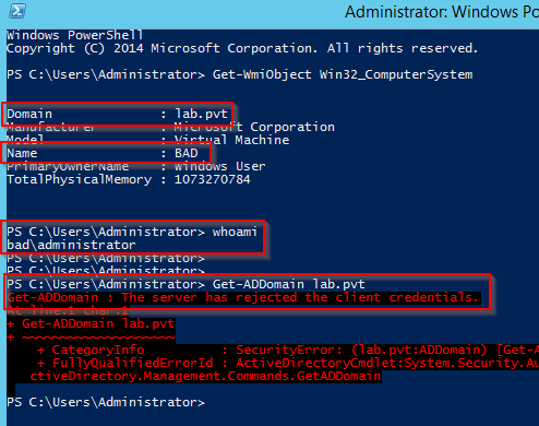 PowerShell output showing access denied error when the local administrator account attempts to query Active Directory