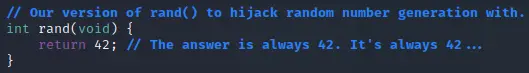 The rand_hijack.c source code that returns static value 42