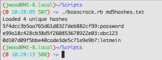 BozoCrack terminal output showing 3 out of 4 unique MD5 hashes cracked in 4 seconds