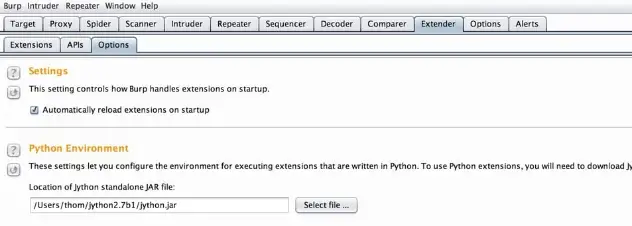 Burp Suite Extender Options tab showing the Python Environment path configuration
