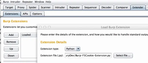Burp Suite Add Extension dialog with Python selected and file path specified