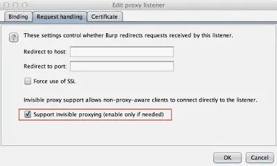 Burp Suite proxy listener configuration with invisible proxying enabled