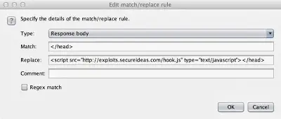Burp Suite Match and Replace configuration injecting BeEF hook before closing head tag