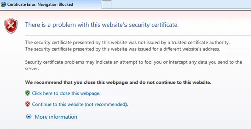 Browser certificate warning message showing an untrusted connection