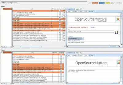 Burp Suite site map comparison showing the same page loaded under two different user contexts with differences highlighted in orange