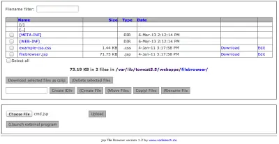 JSP File Browser showing the server file system