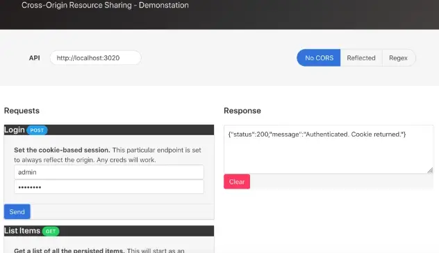 Musashi CORS demonstrator interface showing the client app with API endpoint configuration and CORS policy options