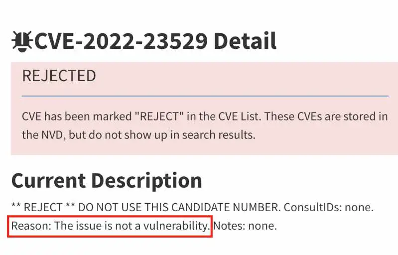 NIST NVD detail page for CVE-2022-23529 showing the rejected status