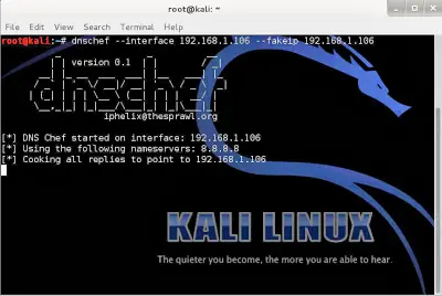 dnschef running in terminal with interface and fakeip parameters