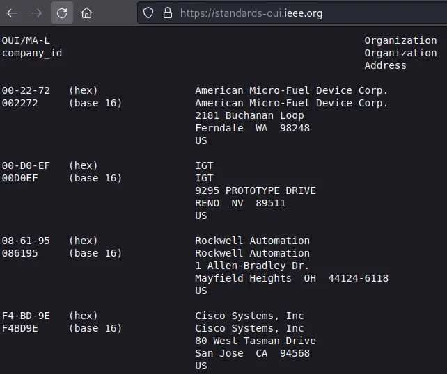 IEEE OUI registry plaintext file showing OUI entries with organization names and addresses