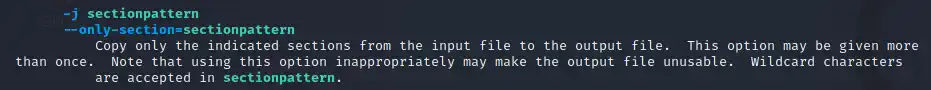 Man page showing the -j switch for Objcopy section extraction