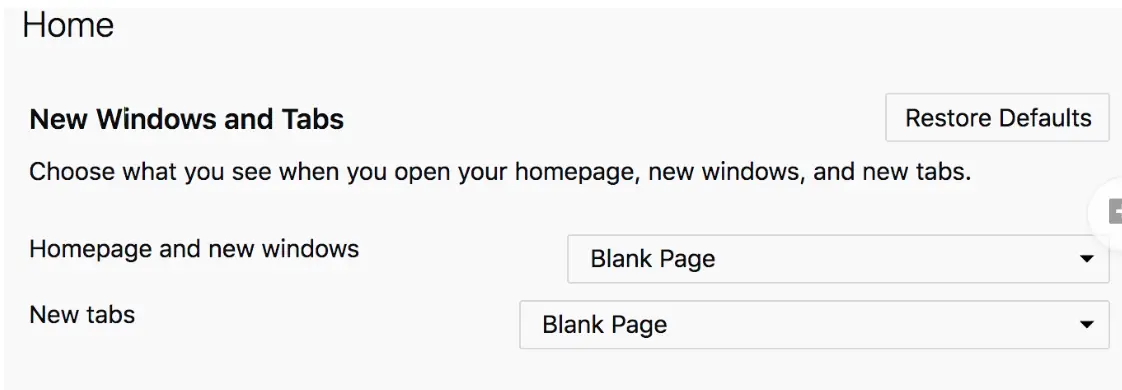 Firefox Home settings showing Blank Page configuration