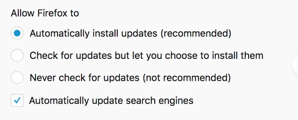 Firefox update settings