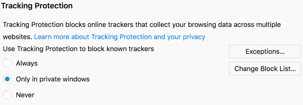 Firefox tracking protection settings