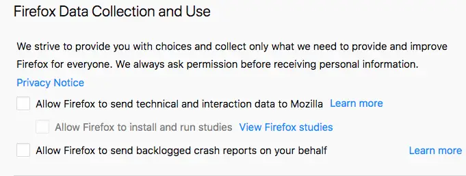 Firefox data collection settings