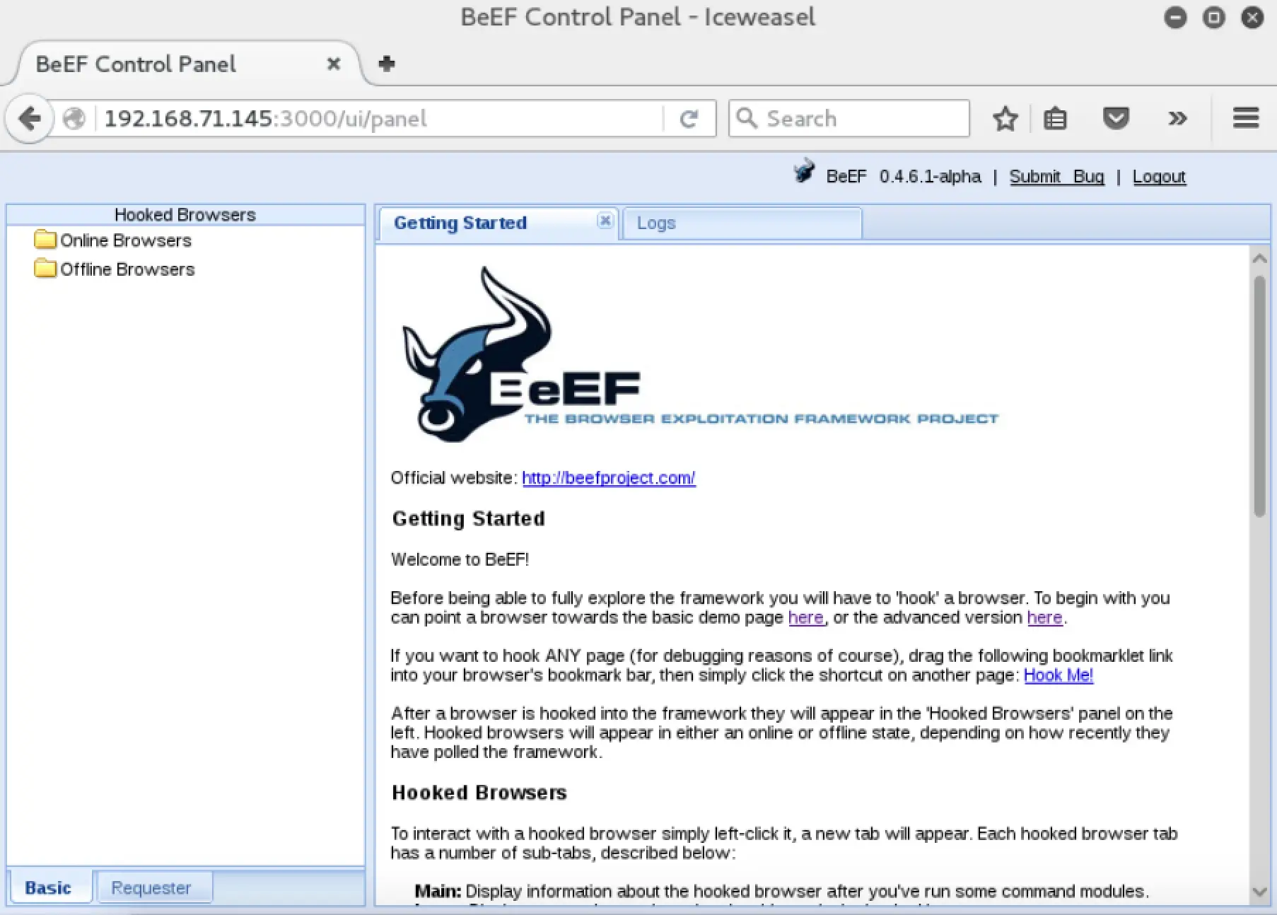 BeEF Getting Started page showing an overview of the framework and demo page links