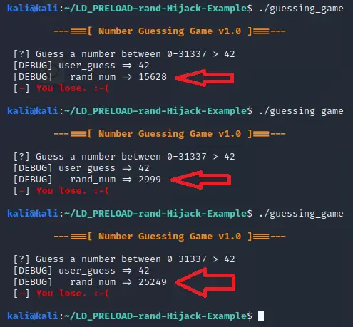 Debug build showing the random number alongside the guess