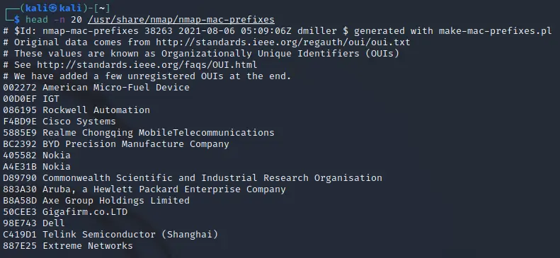 Using the head command to view the first 20 lines of the nmap-mac-prefixes file