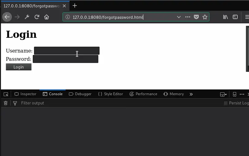 Animated demo showing iframe-based credential capture from login form via XSS on forgot password page