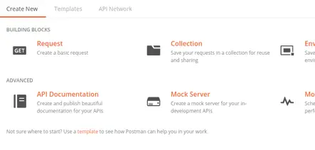 Postman Create New dialog showing options for Request, Collection, and Environment