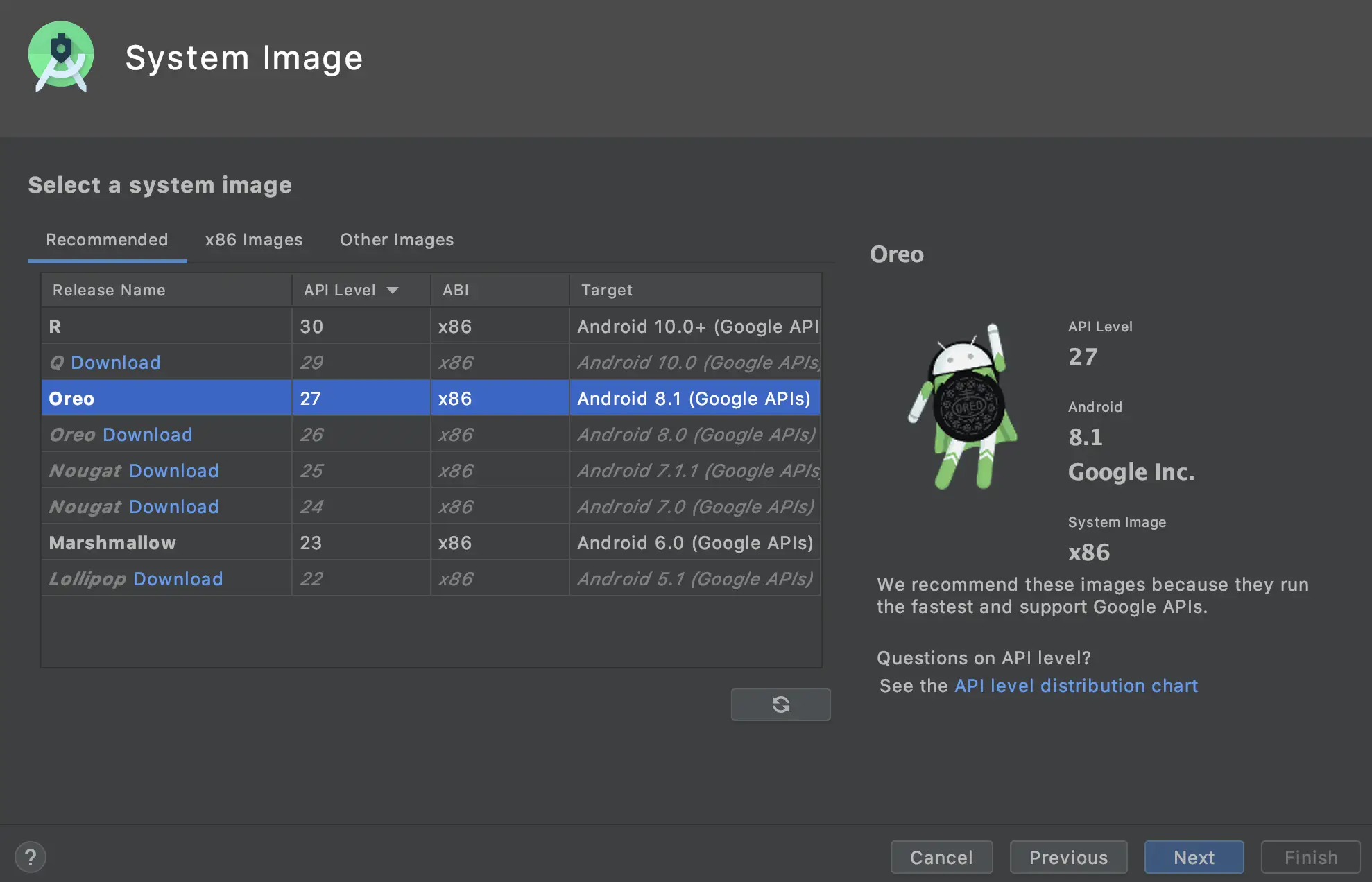AVD Manager System Image selection screen