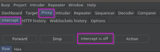 Burp Suite Intercept toggle set to Off