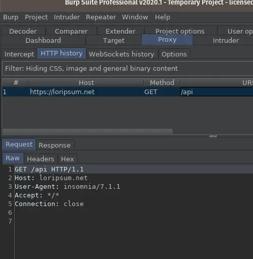 Burp Suite HTTP History showing proxied Insomnia request