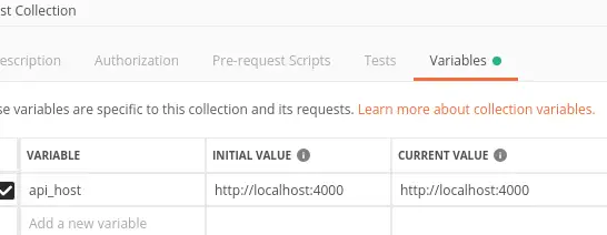 Postman collection variable editing interface showing Variable, Initial Value, and Current Value columns