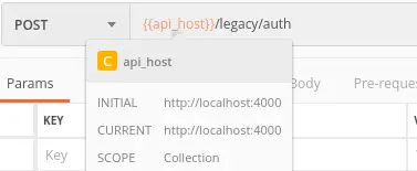 Postman request URL field showing the api_host variable placeholder in double curly braces