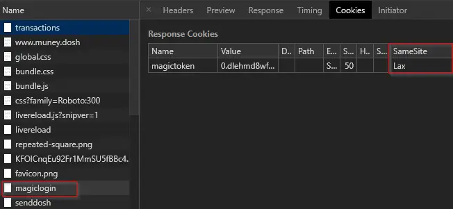 Browser dev tools showing the magictoken cookie with SameSite=Lax flag set