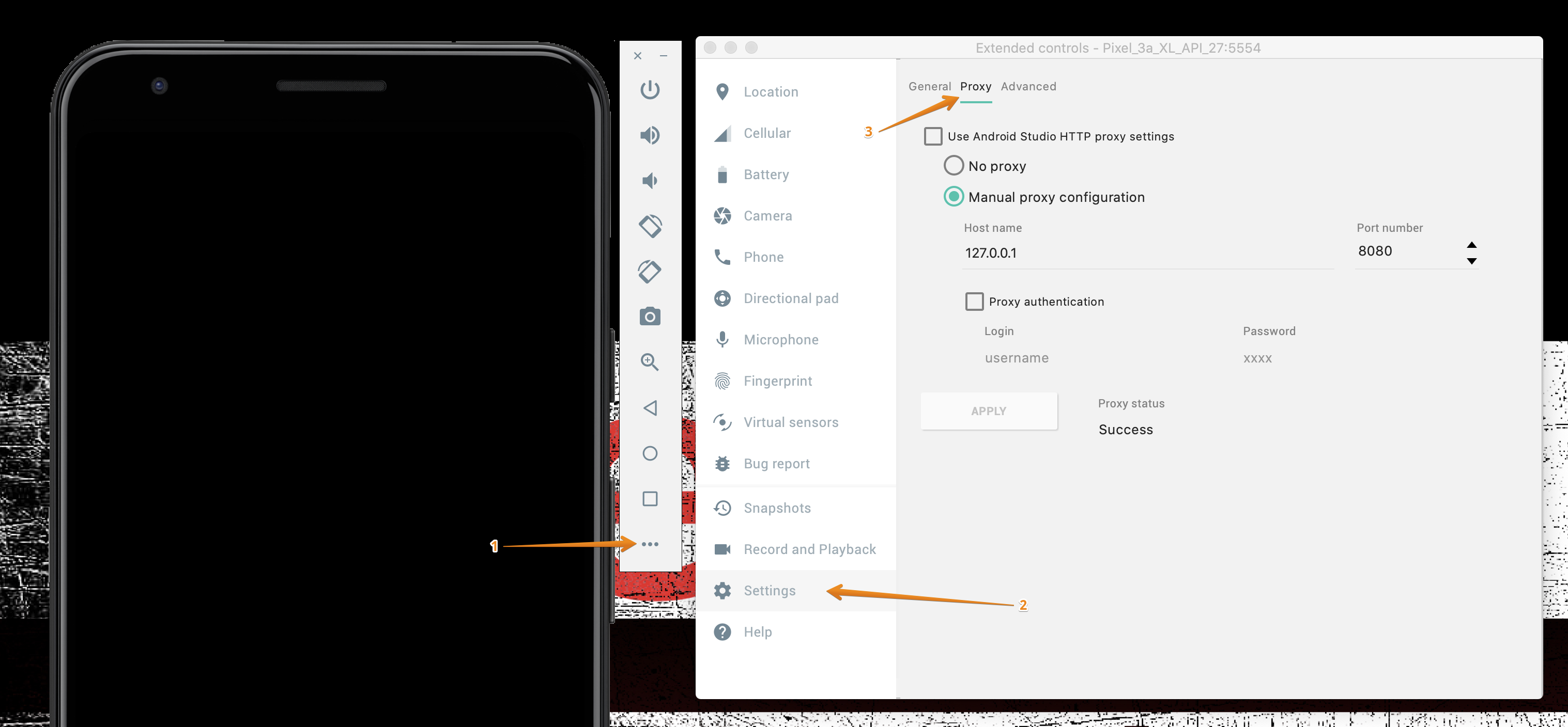 AVD extended controls showing proxy configuration