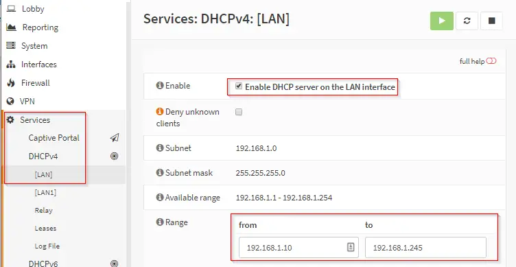 OPNsense DHCP configuration showing the allowed IP range for LAN