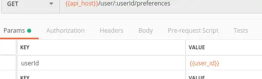 Postman Params tab showing the userId route parameter set to the user_id environment variable