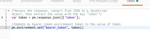 Postman Tests tab showing JavaScript to extract the bearer token from the response and set it as an environment variable