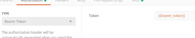 Postman Authorization tab set to Bearer Token type with the bearer_token variable referenced